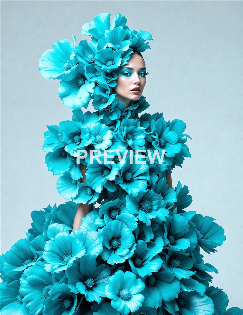 A woman dressed in an elaborate costume made entirely of vibrant blue flowers, with her face partially visible amid the floral arrangement against a plain background.